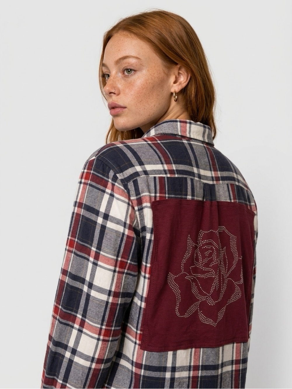 Plaid Button Down Shirt Upcycled with Burgundy Rose Bling Back Panel